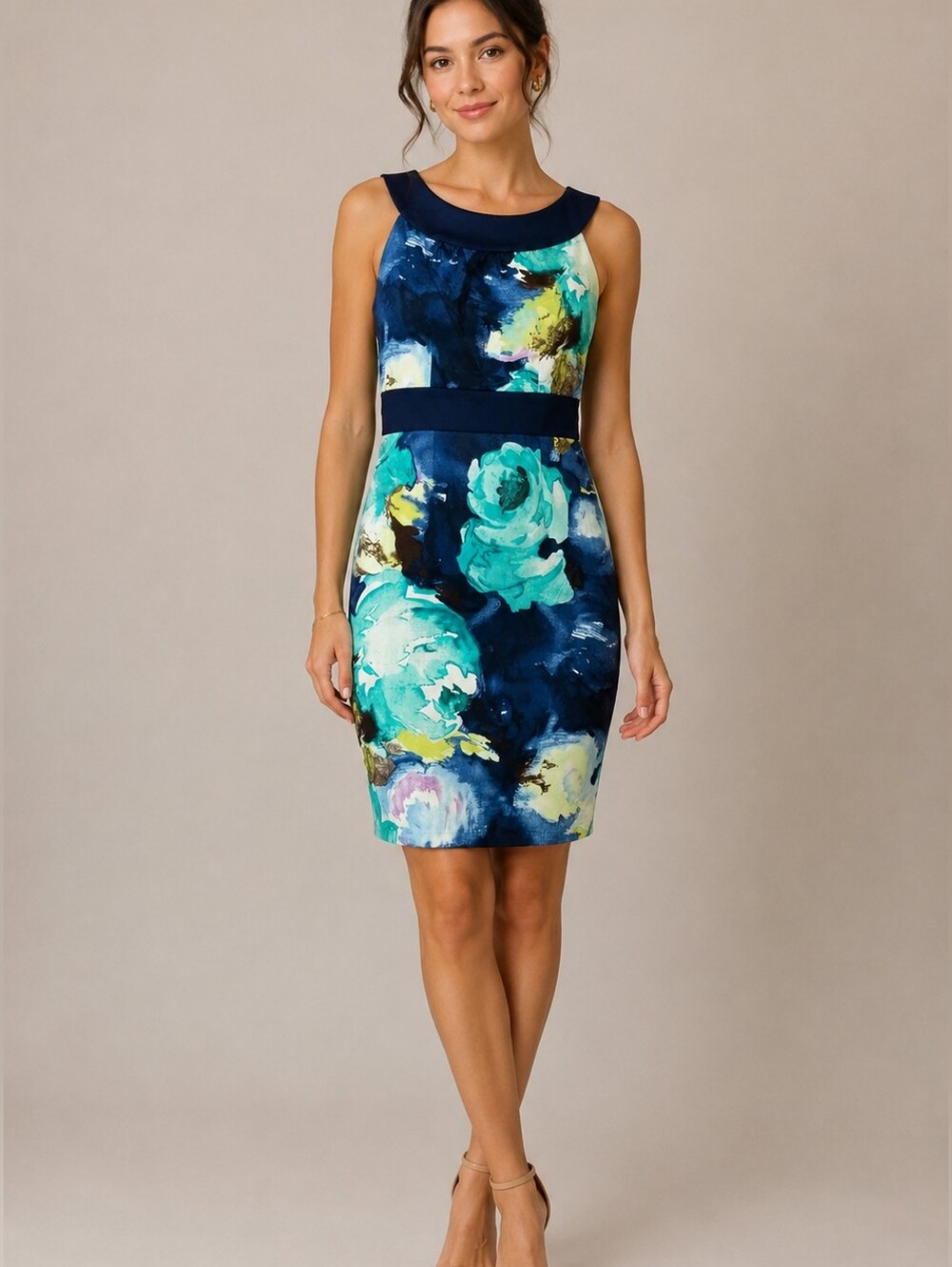 Merona Navy Blue Floral Sheath Dress Sleeveless Knee Length Teal Aqua Size Small